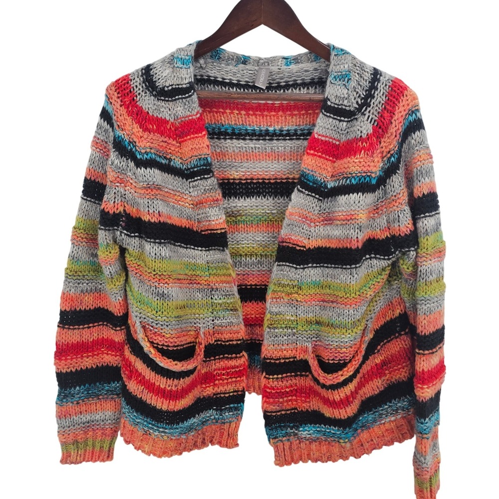 Noracora Womens Multicolor Striped Chunky Knit Open Front Cardigan Pockets M